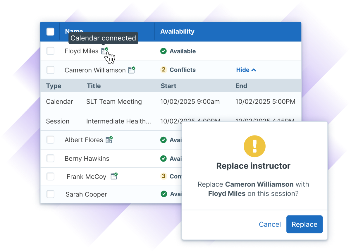 Administrate interface illustration showing displaying a list of instructors, their availability, and a prompt to replace one instructor with another. 