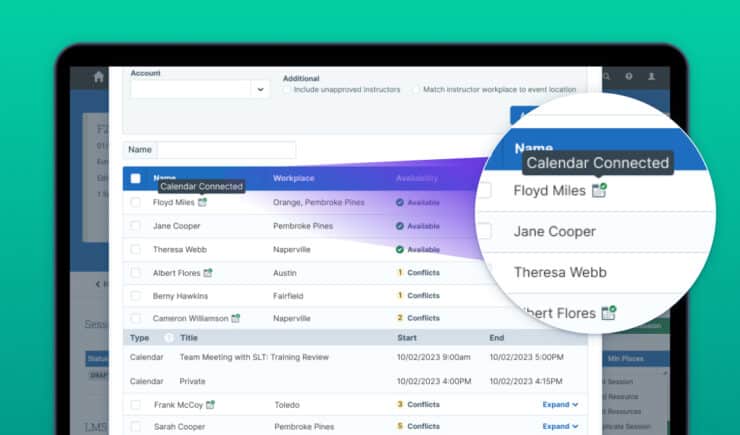 Screenshot showing how Administrate calendar sync works to connect instructor and training calendars across different platforms.