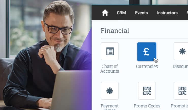 A screenshot of Administrate’s finance tools overlaid with a training professional creating a new revenue opportunity in the training management system.