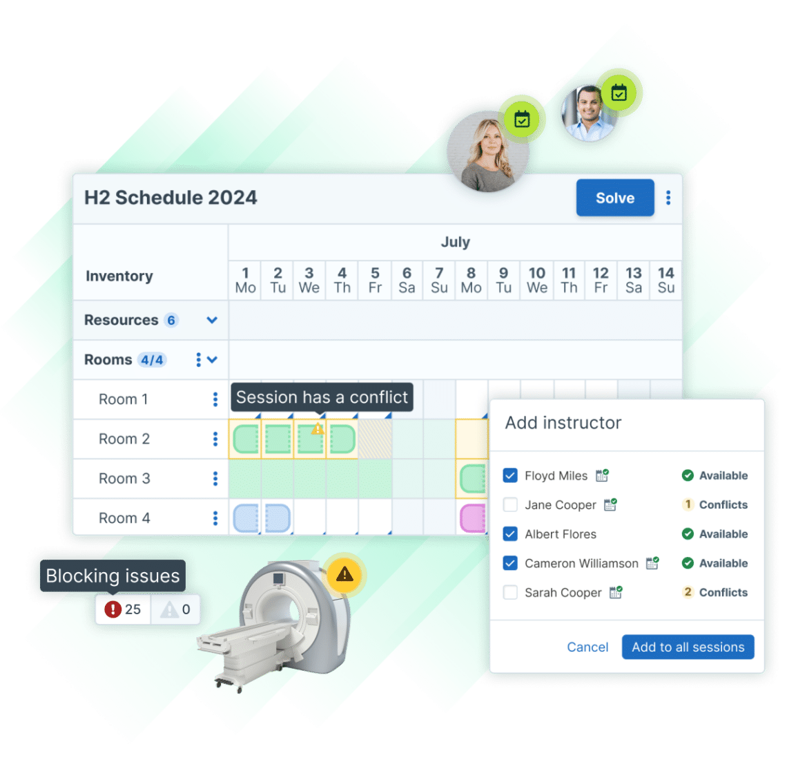 Administrate Scheduler UI elements such as issue highlights, the add instructor modal, and session conflict alerts.