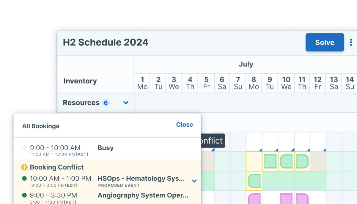 Screenshots of the planning canvas in Scheduler, an AI powered scheduling tool available with Administrate. These screens show additional booking options.