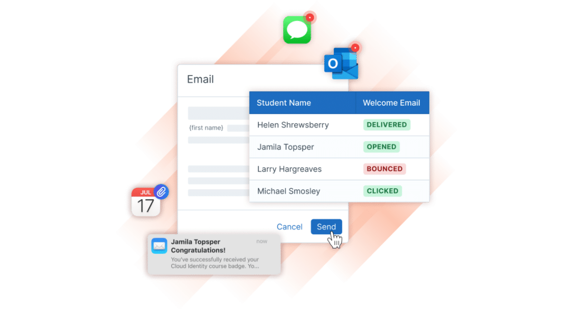 Abstracted email editor in Administrate illustrating forms of communication that can be sent and follow-on actions from recipients.