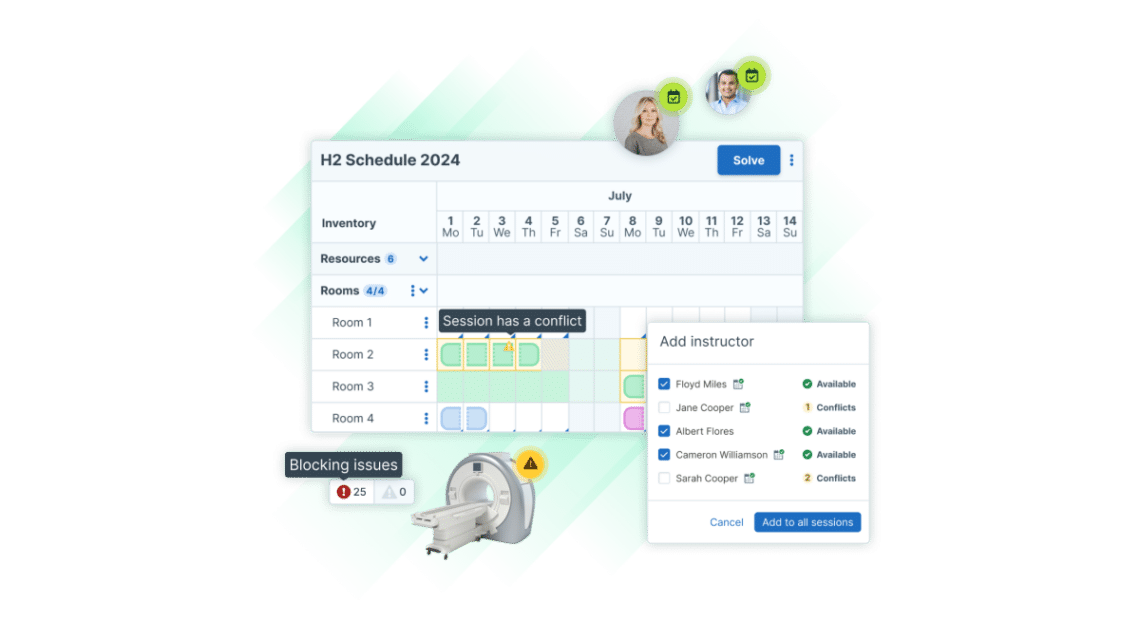 Administrate Scheduler UI elements such as issue highlights, the add instructor modal, and session conflict alerts.