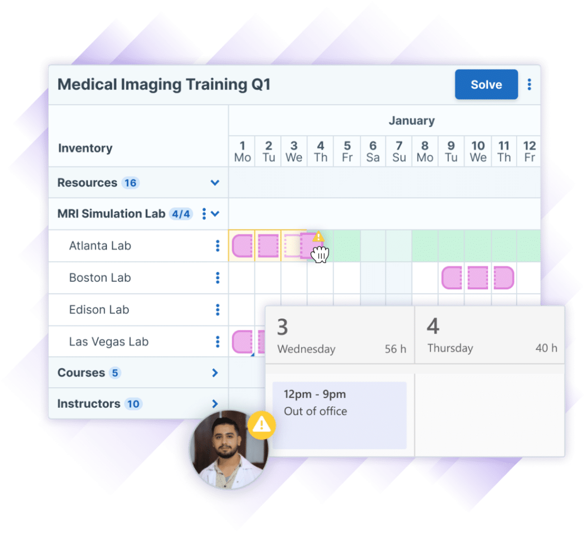 Illustration of a Medical Imaging Training Q1 schedule in Administrate's Scheduler, showing resource and room assignments for MRI Simulation Labs in January. The schedule lists four labs: Atlanta, Boston, Edison, and Las Vegas, with a conflict warning in Boston Lab on January 5th. A hand cursor is dragging an assignment within the schedule and the interface is showing where there are already conflicts. At the same time, calendar information is overlaid with an image of the instructor who has the conflict and his calendar showing that he is out of office on the original day, but free on the second day.