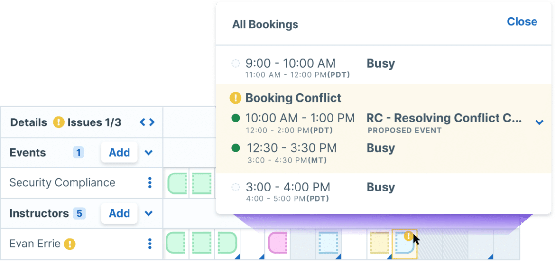 Detail of the Scheduler’s booking conflict modal.
