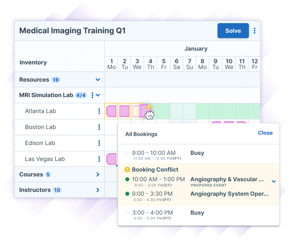 Illustration of a Medical Imaging Training Q1 schedule in Administrate's Scheduler, showing resource and room assignments for MRI Simulation Labs in January. The schedule lists four labs: Atlanta, Boston, Edison, and Las Vegas, with a conflict warning in Boston Lab on January 5th. A hand cursor is dragging an assignment within the schedule and the interface is showing where there are already conflicts. At the same time, calendar information is overlaid with an image of the instructor who has the conflict and his calendar showing that he is out of office on the original day, but free on the second day.