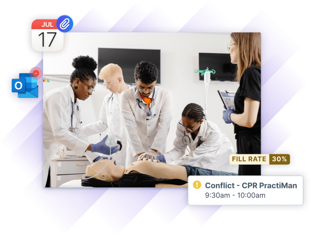 Photo of live training for medical students overlaid with the UI elements in Administrate that will help training professionals keep an eye on fill rate, bookings, communications, and resource management.