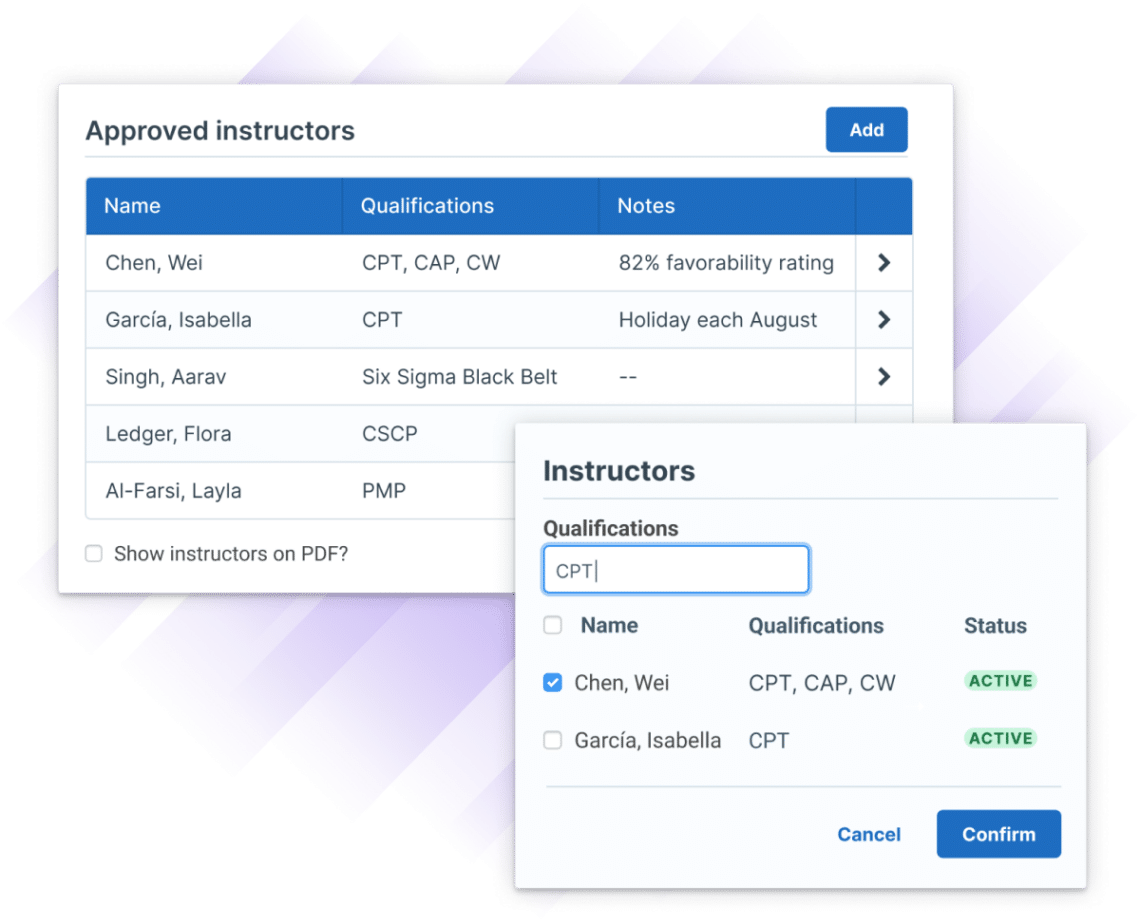 Administrate interface demonstrating approved manufacturing training instructors within a Course Template. The user can note qualifications and instructor status, with options for filtering and selection when later setting up an event.