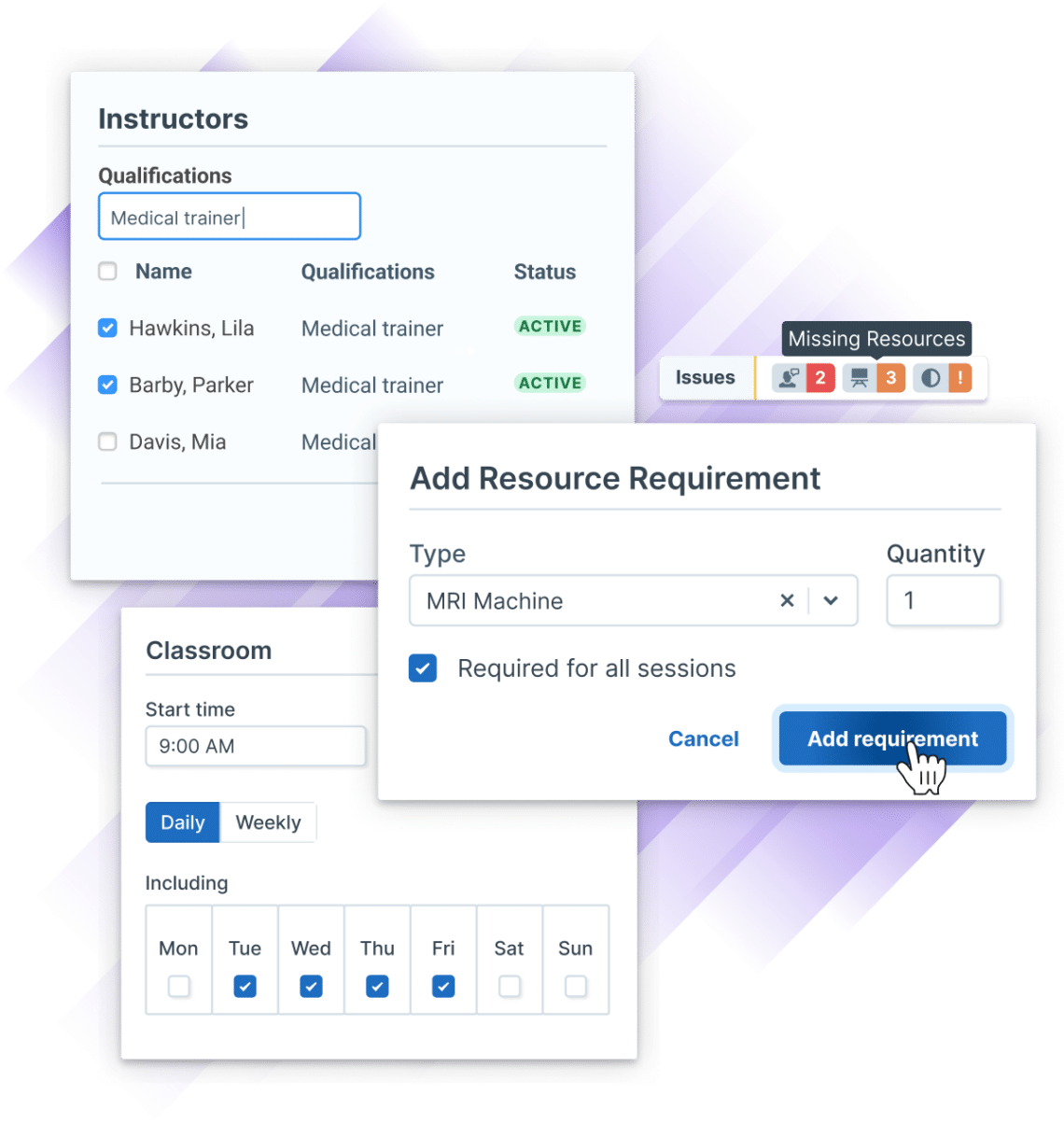 Interface showing instructor qualifications, resource availability, scheduling conflicts, and calendar selection for organizing training sessions.