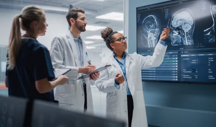 Doctors in lab coats engage in ILT training, pointing to an X ray while learning about an illness.