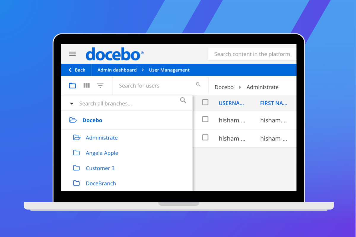 Graphic showing Docebo screen in branded Administrate graphics
