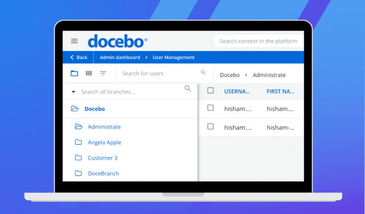 Graphic showing Docebo screen in branded Administrate graphics