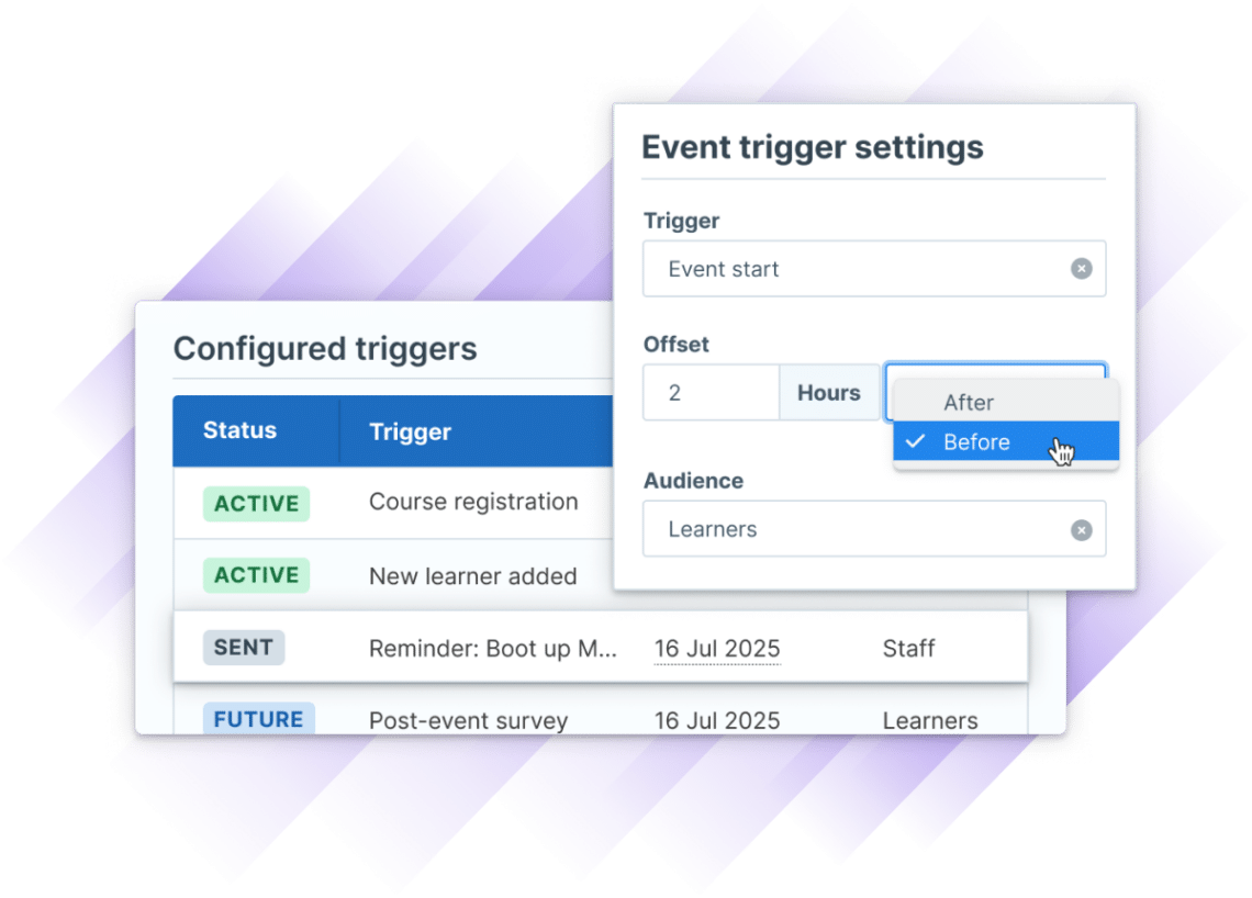 Screenshot of Administrate’s UI showing configurable event trigger settings for automated learner communications.