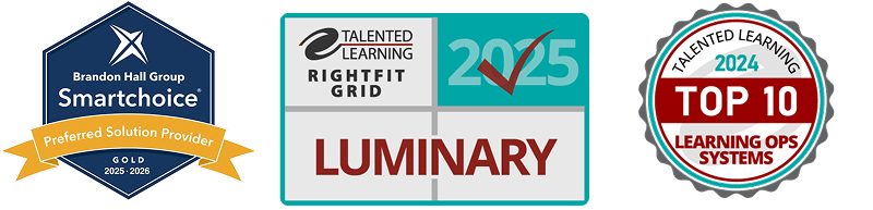 Badges that Administrate has been awarded, including: Brandon Hall Group Smartchoice Preferred Solution Provider, Talented Learning's Luminary recognition, and Talented Learning's Top 10 Learning Ops Systems 2024 badge.