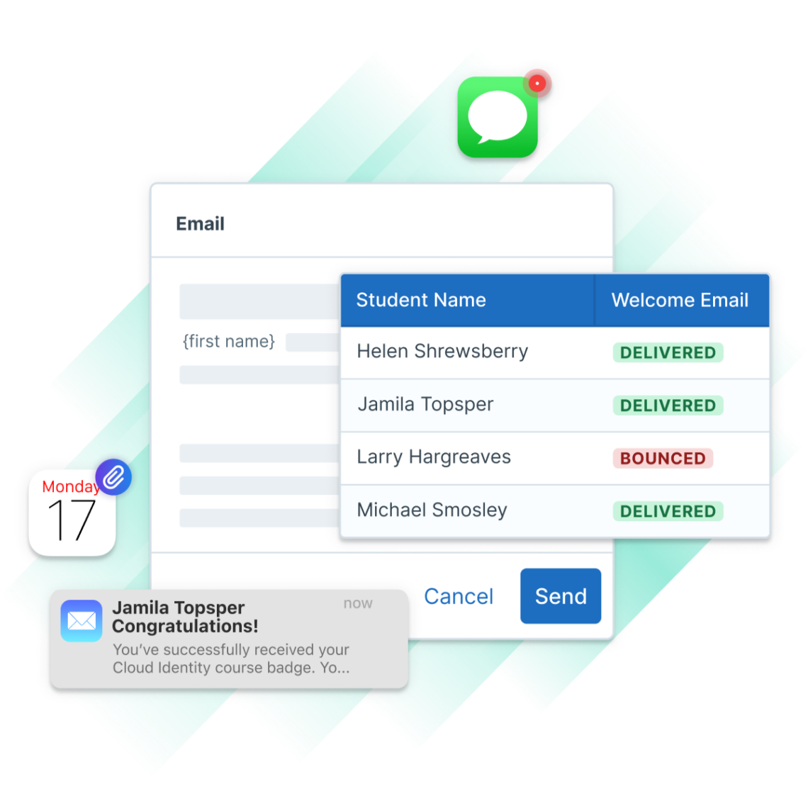 Email and SMS communication tracking in Administrate displaying message delivery status and learner badge notifications.