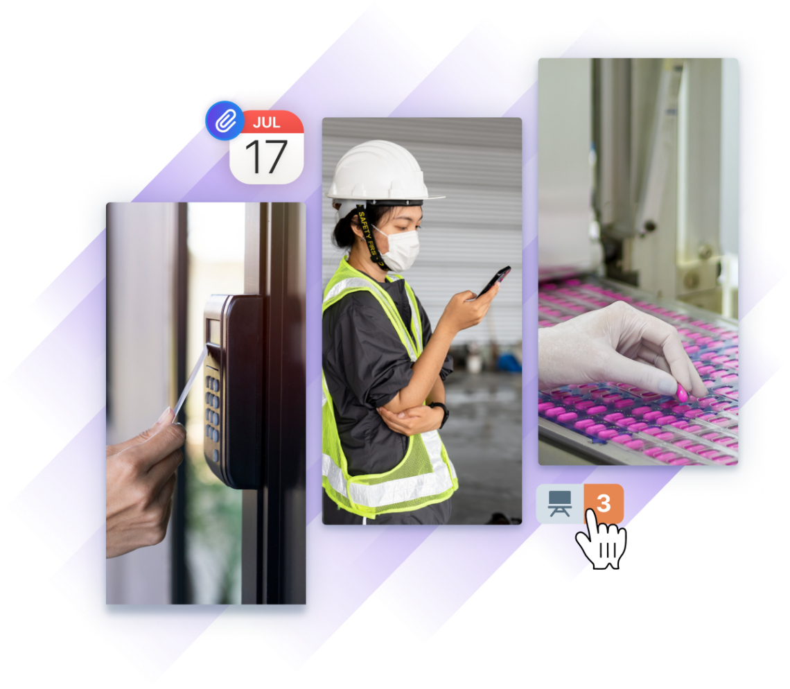 Images of workers in controlled environments highlight scheduling, facility access, and manufacturing precision, with digital training reminders overlaid.