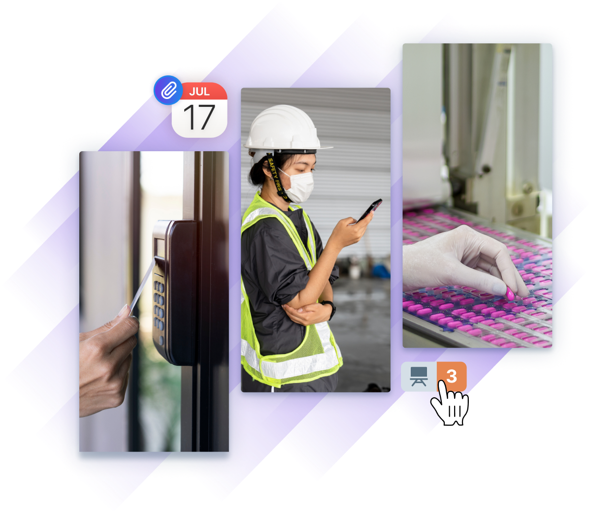 Images of workers in controlled environments highlight scheduling, facility access, and manufacturing precision, with digital training reminders overlaid.