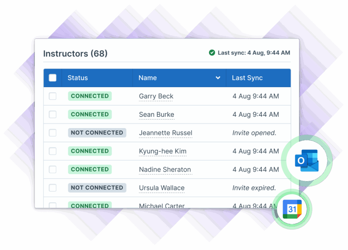 Illustration of Administrate's UI for listing instructors with their connection statuses, names, and last synchronization status.