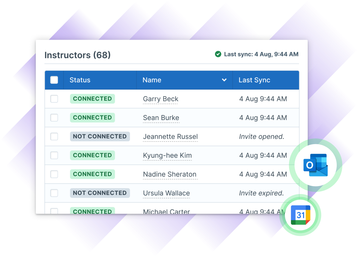 Illustration of Administrate's UI for listing instructors with their connection statuses, names, and last synchronization status.