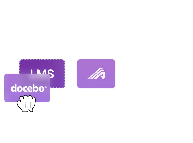 Illustration of Administrate connecting to other placeholder integrations and Docebo being placed over the LMS slot.