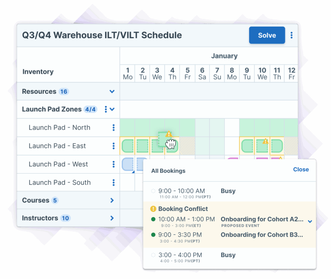 Q3/Q4 Warehouse ILT/VILT Schedule showing inventory resources, launch pad zones, courses, and instructors for January in AI Scheduler.