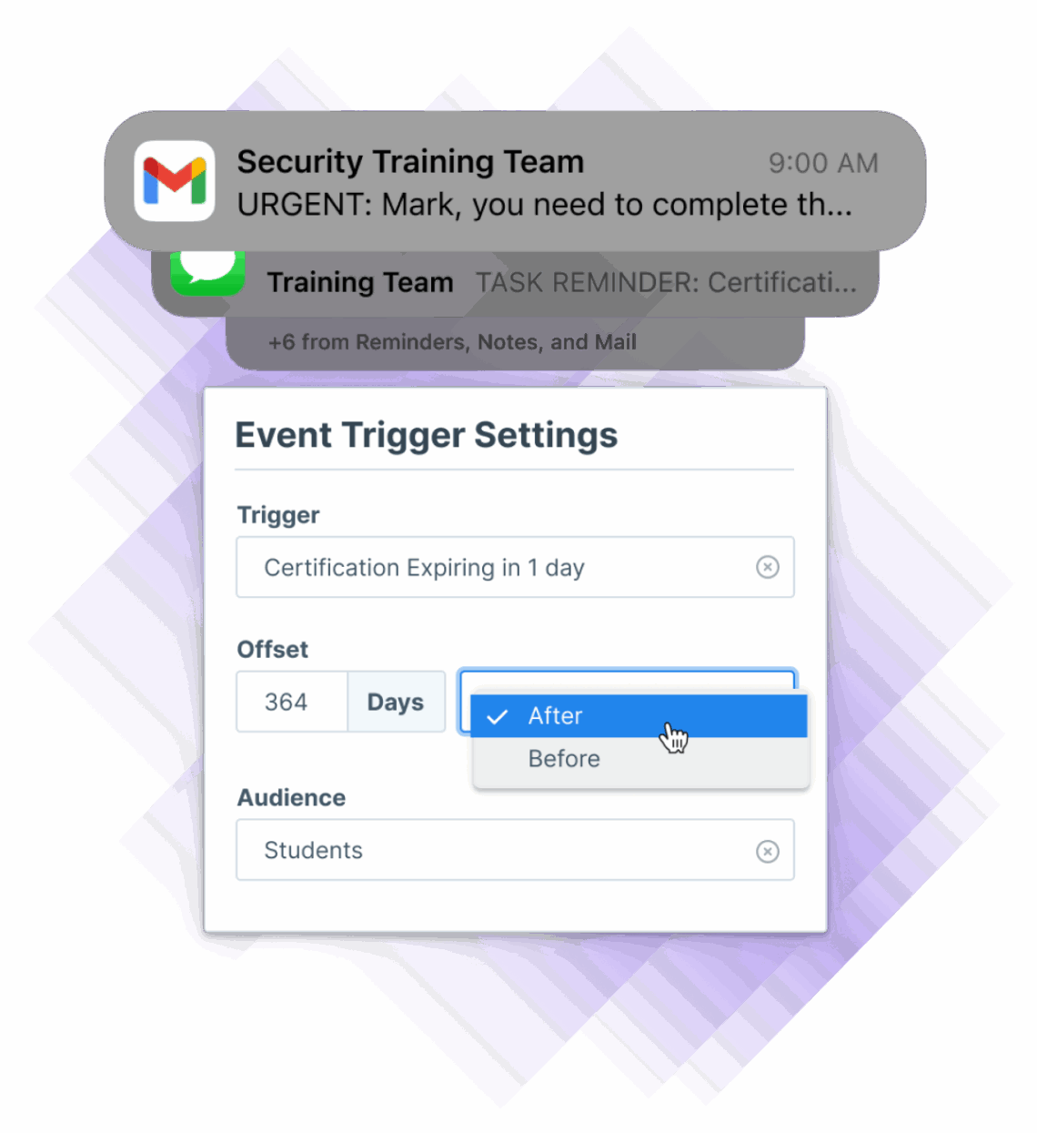 Image of event trigger settings for expiring certifications as well as email, message, and other notifications.