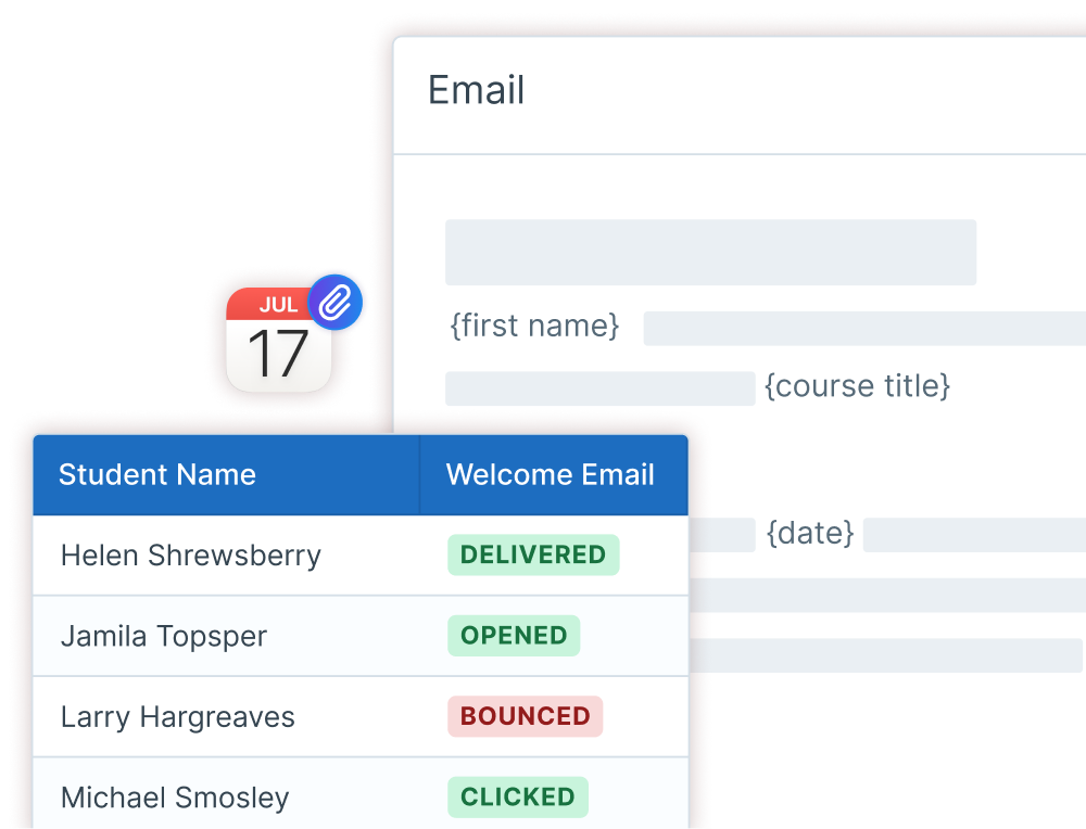 Screenshots of messaging windows and panels in Administrate showing email triggers, email notifications, and calendar attachments automated with Administrate.