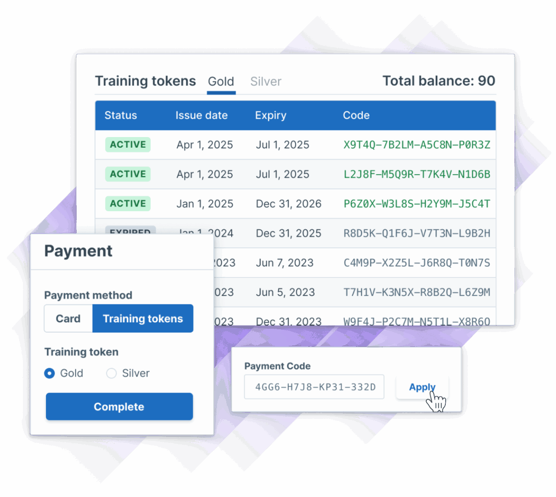 Image depicting the balance of training tokens for a company with options for choosing between training tokens of Gold and Silver in Administrate.