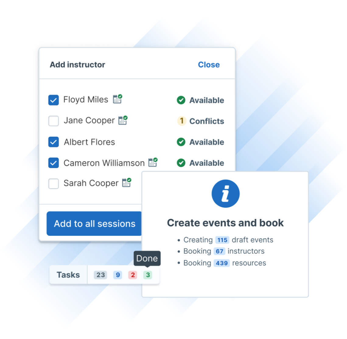 Instructor selection and event planning screen in Administrate showing availability, conflicts, and bulk booking tasks.