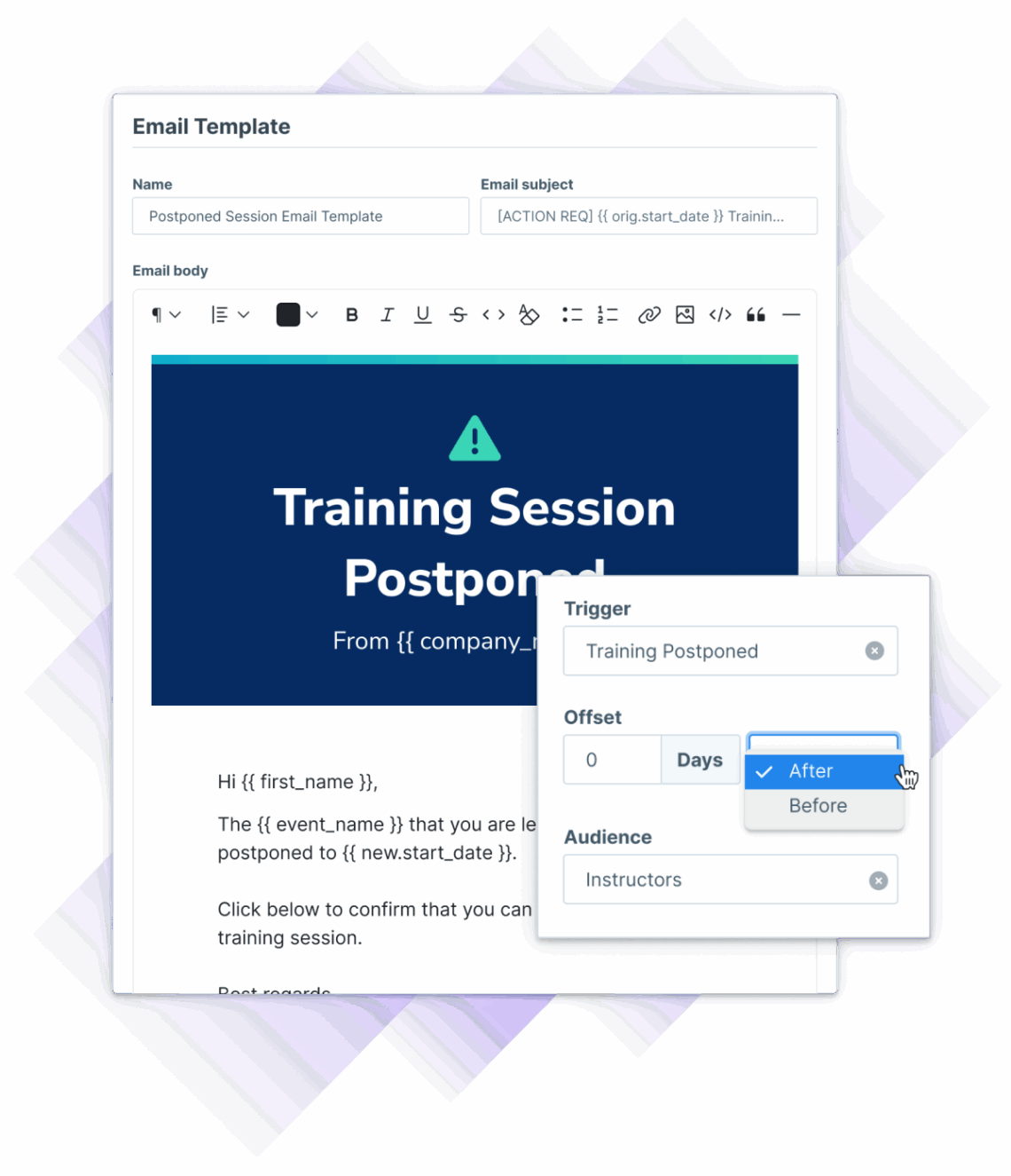 Email template editor in Administrate shown with the trigger settings for the automated email send on session postponement action.