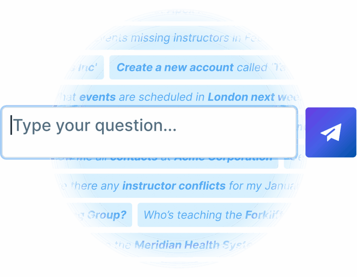 Text input box for users to type questions, with overlays of various inquiries related to scheduling events and instructor conflicts.