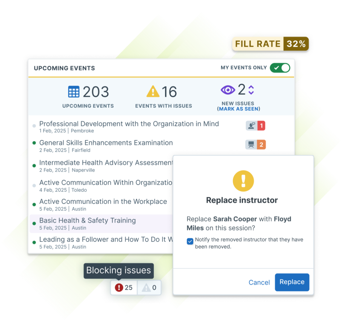 Dashboard view of Administrate showing upcoming training events with issue alerts and a prompt to replace an unavailable instructor.