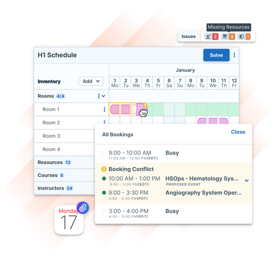 Administrate scheduling interface highlighting room bookings, resource conflicts, and overlapping training sessions.