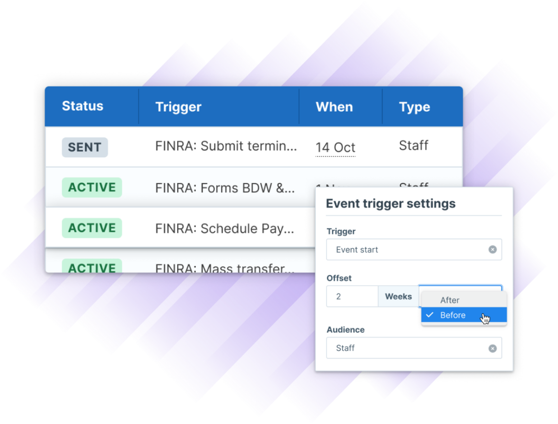 Interface showing automated training triggers for FINRA compliance with configurable timing and audience settings.