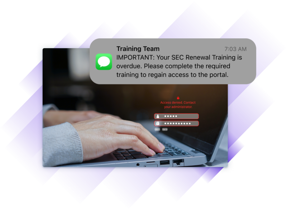 Hands typing on a laptop showing an access denied message, overlaid with a training reminder about overdue SEC renewal training.