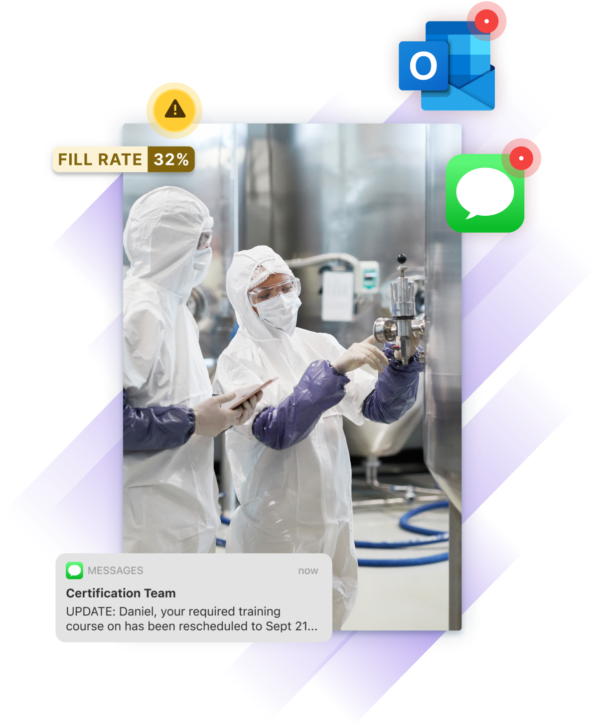Two workers in protective suits perform a task in a manufacturing facility, overlaid with training alerts, low fill rate warning, and communication app icons.