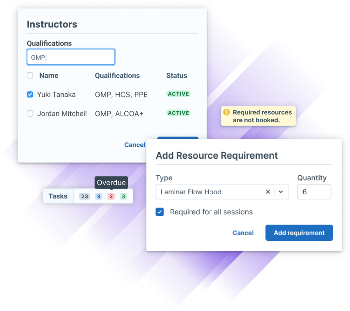 Administrate's Training Management interface showing how manufacturing teams can set instructor qualifications, resource booking alerts, and see overdue task tracking.