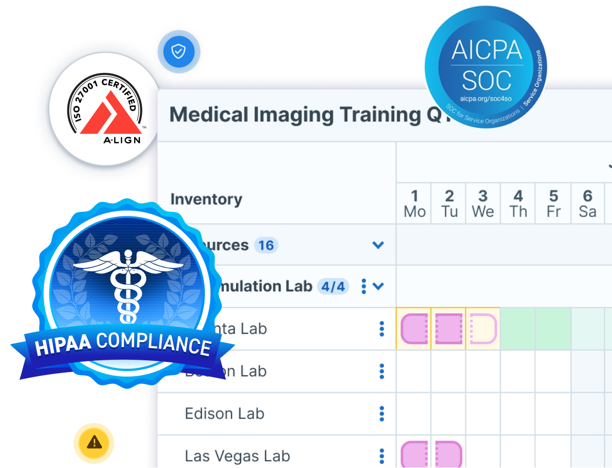 A medical imaging training schedule is shown alongside badges for HIPAA, ISO 27001, and SOC 2 compliance, highlighting secure, certified training operations.