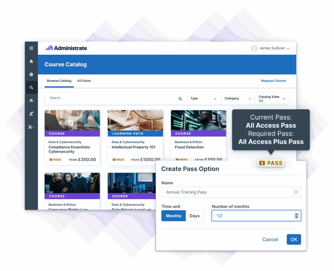 Screenshot of Administrate’s course catalog interface showing training options with pricing, pass requirements, and a pop-up for creating a 12-month annual training pass.