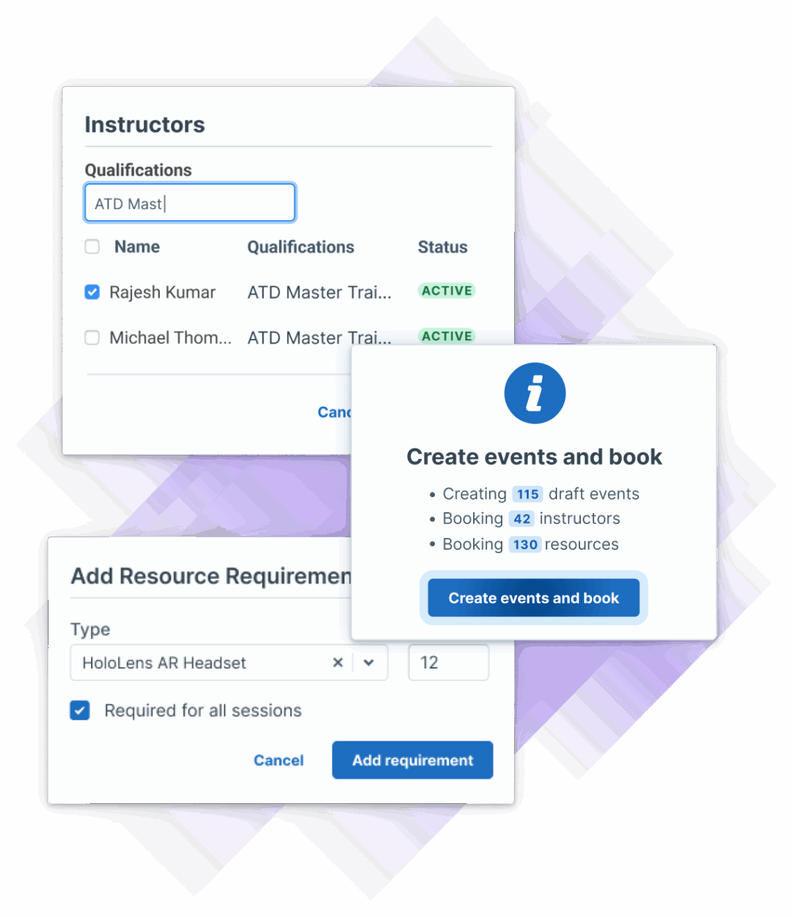 Image showing the Administrate software interface with sections for instructors, event creation, and resource requirements.