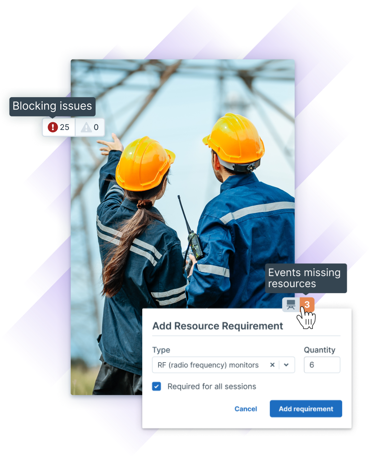 Two engineers in yellow hard hats and blue jackets analyze the structure of an electrical transmission tower, while Administrate interface elements show blocking issues and resource requirements for these types of trainings.