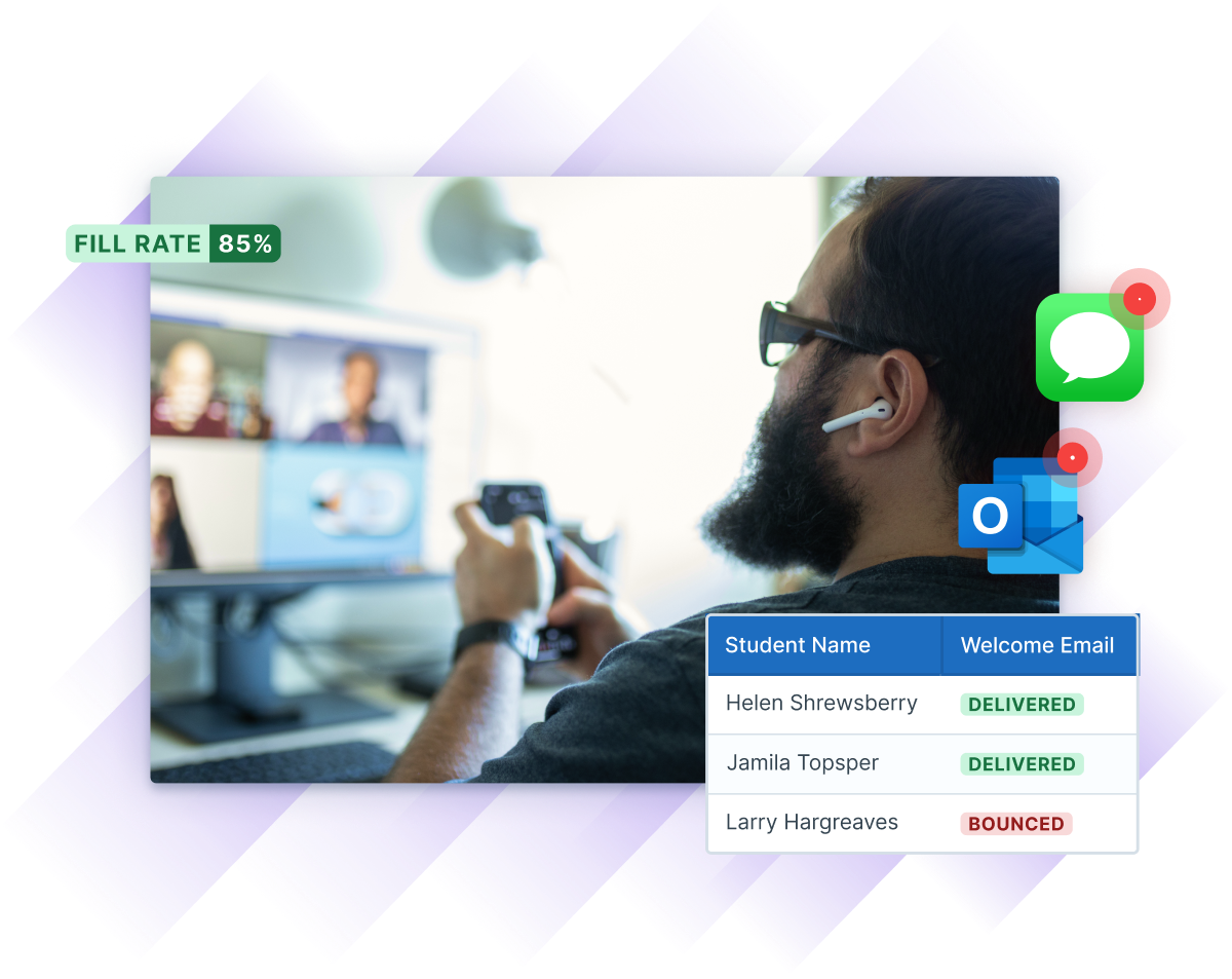 Image showing a man participating in a video call on a computer, with overlaid graphics displaying fill rate, message icons, and a table of welcome email delivery statuses.