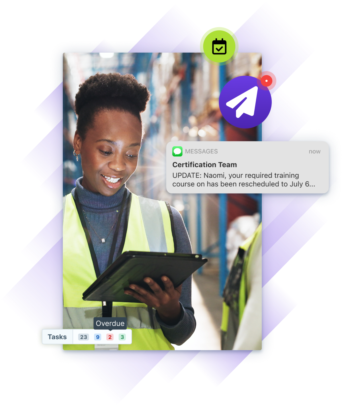 A warehouse worker in a high-visibility vest smiles while reviewing information on a tablet with colleagues nearby.