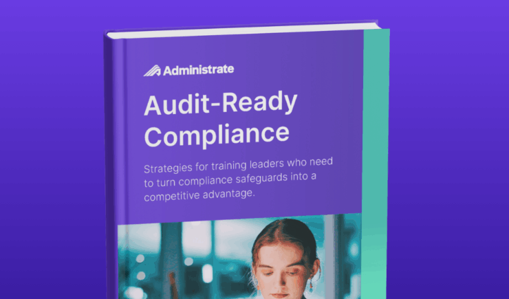 Audit ready compliance guidebook cover image featuring training professional looking at a tablet