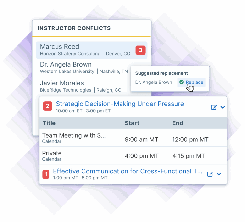 Instructor conflicts display with suggested replacements for HR training sessions.