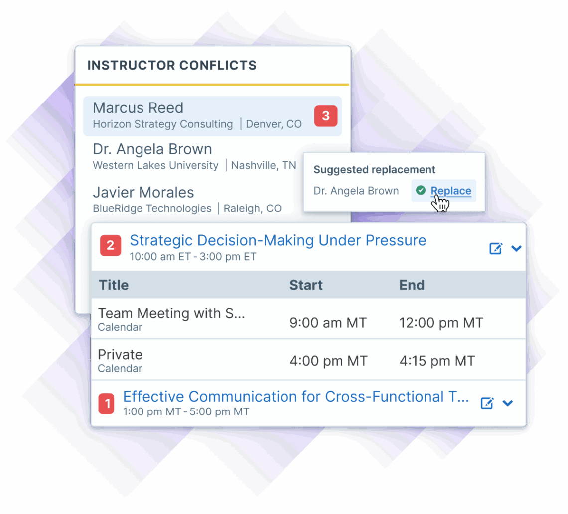 Instructor conflicts display with suggested replacements for HR training sessions.
