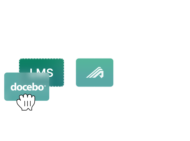 Illustration of Administrate connecting to other placeholder integrations and Docebo being placed over the LMS slot.