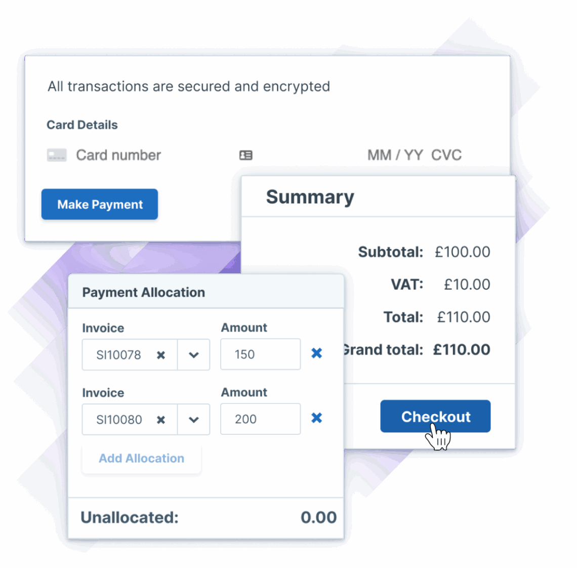 Image depicting a payment interface with secured card details, a summary of transaction costs, and options for payment allocation and checkout.