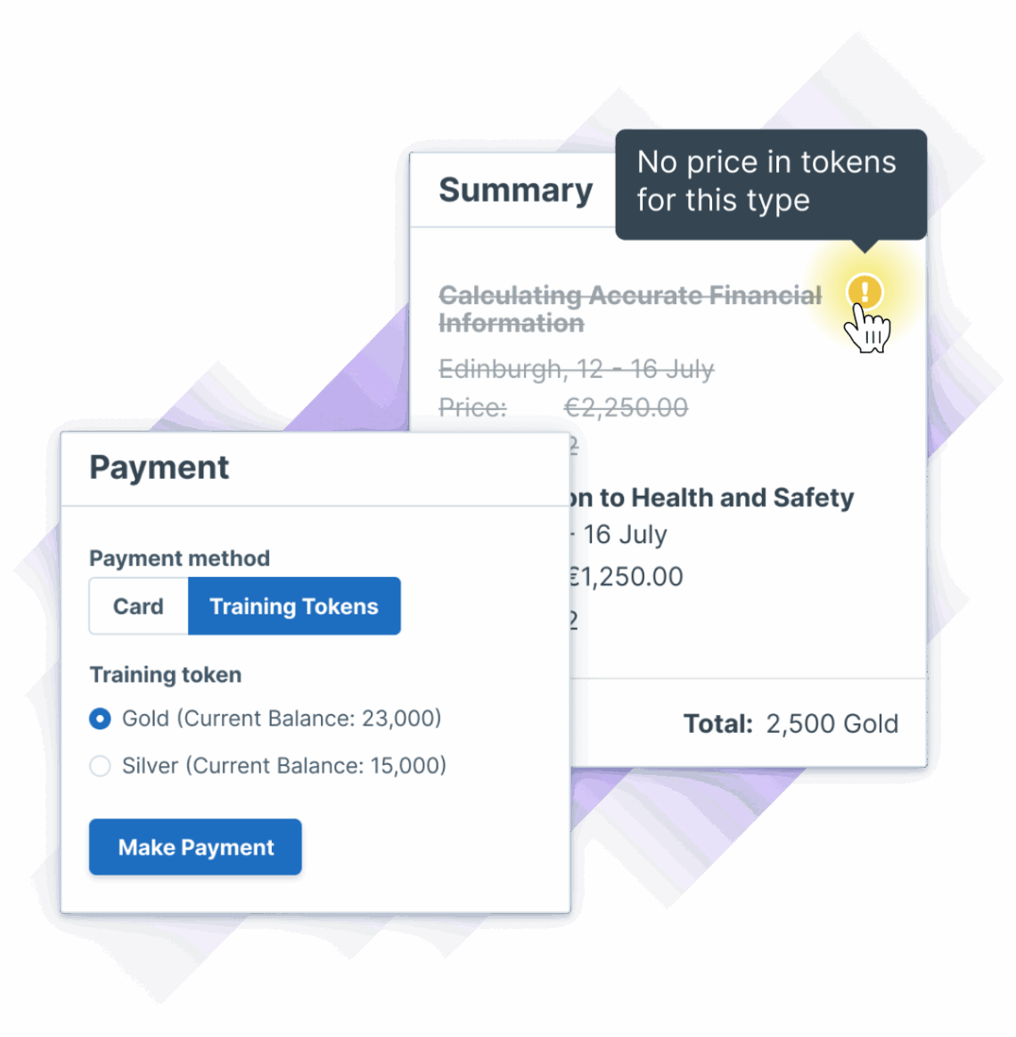 Image depicting a payment summary for a training course with options for payment methods and training tokens of Gold and Silver in Administrate.