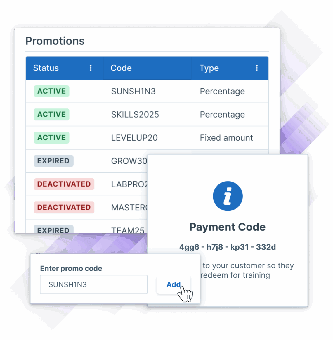 Image of a promotional codes interface in Administrate, displaying various statuses and options for entering a promo code.